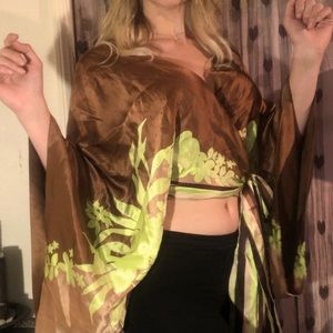 Silk wrap top batwing silk brown green gypsy crop